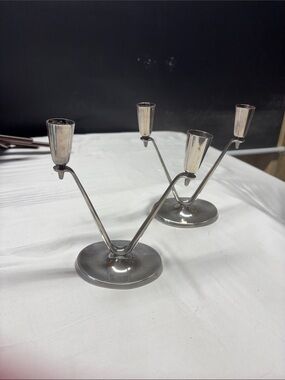 Vintage Mid-Century Modern Double-Arm Silver Candlesticks - Pair